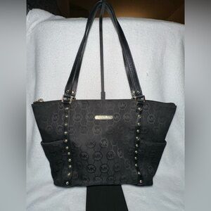 Rare Michael Kors  Jet Set Large Black Gold Charm Canvas Tote Shoulder Handbag